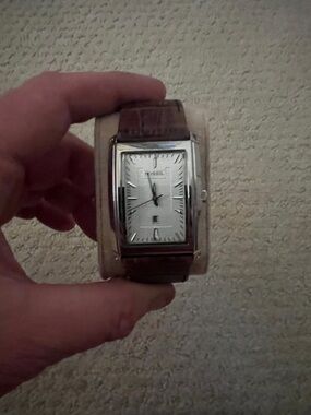 Fossil Silver-Tone Rectangular Dial Watch with Brown Leather Band